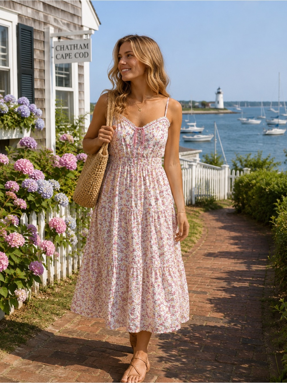 NWOT Row A Cottage Tiered Floral Pink Midi Sundress with Lace Trim